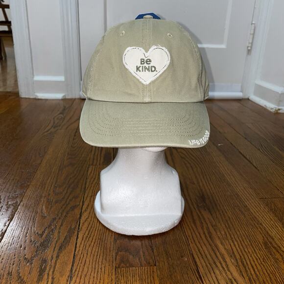 Life Is Good Chill Cap Be Kind Tattered Heart Patch Strap Back Hat Khaki Green - Picture 4 of 10
